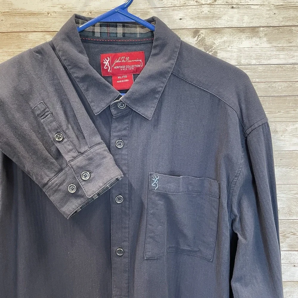 John M Browning Mens XL Shirt Heritage Collection Navy Button Up‎ Hand Pockets